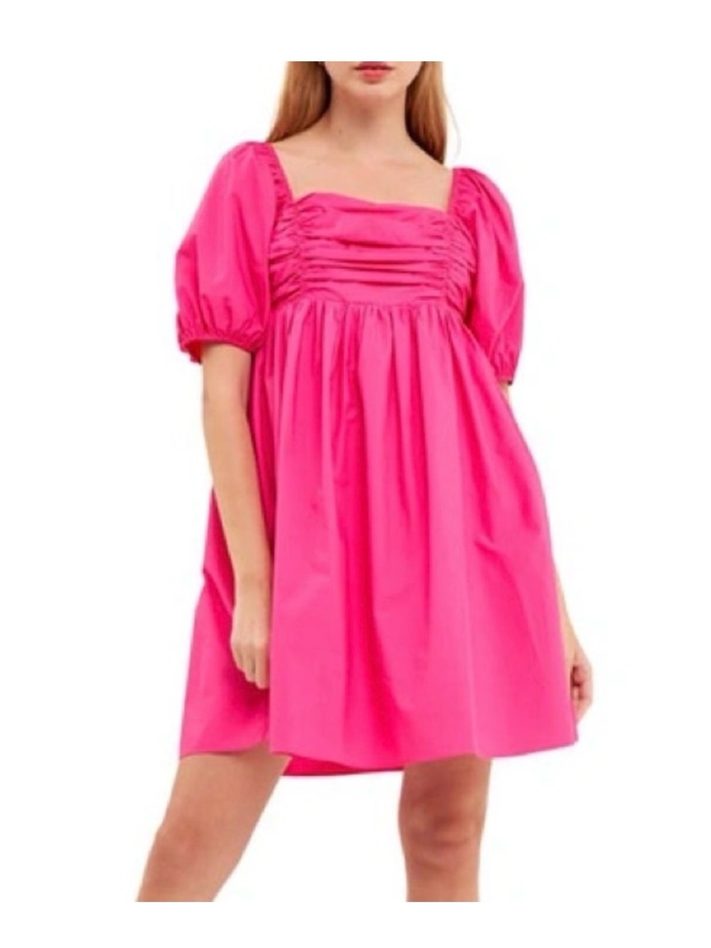 Bright Pink Puff Sleeve Square Neck Dress